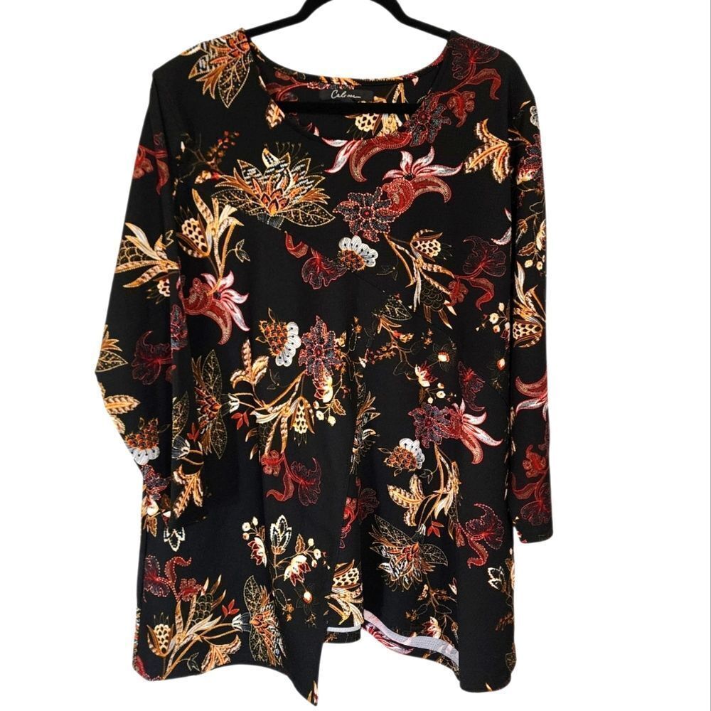 Calessa Top 3X Dark Floral 3/4 Sleeve Asymmetrical Bottom Work Office Dressy